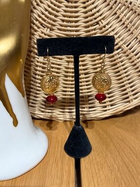 Gold Filigree Drop Earrings with Red Glass Bead Accent